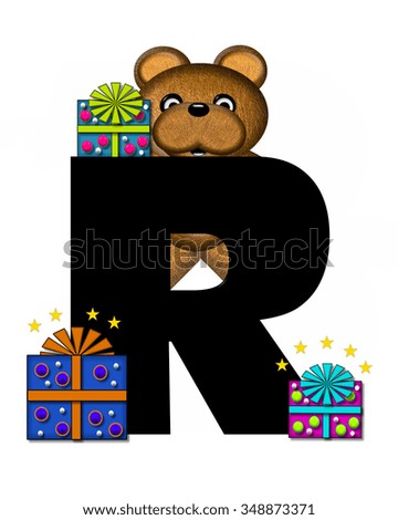 The letter R, in the alphabet set "Teddy Gifts Galore," is black.  Teddy bear, gift wrapped packages and stars decorate letter.