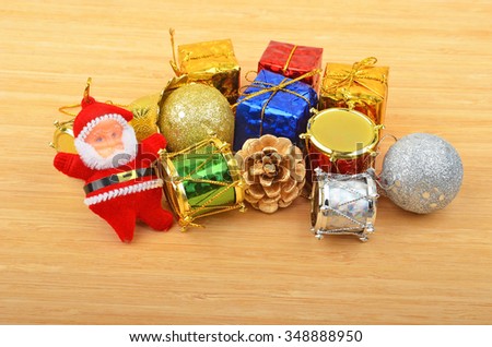 Christmas ball and decoration on wooden background