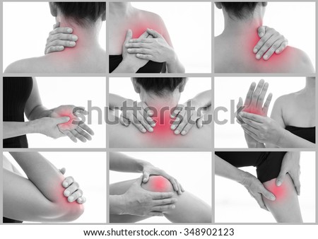 Set muscle pain and inflammation of various parts of the female body. Red around the pain area. Concept health and medical. Royalty-Free Stock Photo #348902123