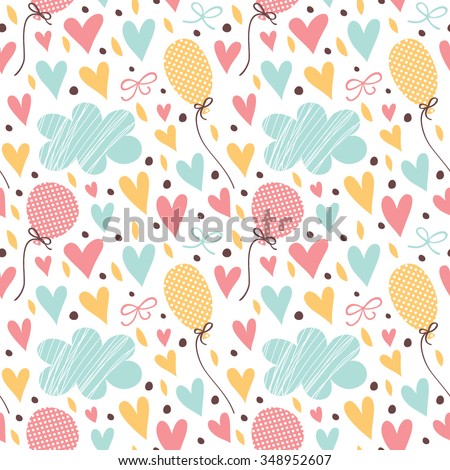 Cute seamless pattern with clouds, hearts and balloons.