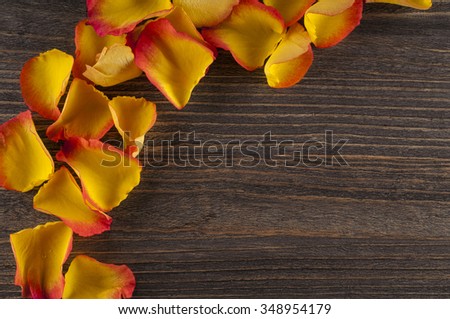 Rose and petals over wooden background. Valentine day greeting card.