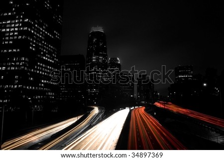 Urban City and Freeway Traffic, Night Skyline