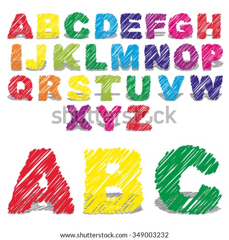 Vector concept or conceptual set or collection of colorful handwritten, sketch or scribble fonts isolated on white background, metaphor to school, education, childhood, artistic, graffiti or children