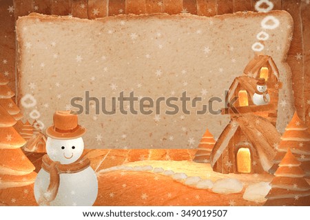 Christmas bread house with festive decoration Snowman Background bread bright striped winter