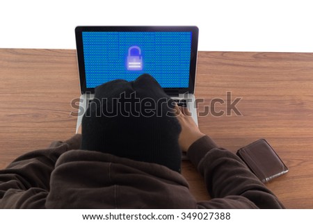 hacker and laptop on white background