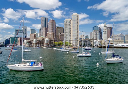 Scenic view of the Boston skyline as seen from the Bay, Massachusetts, USA