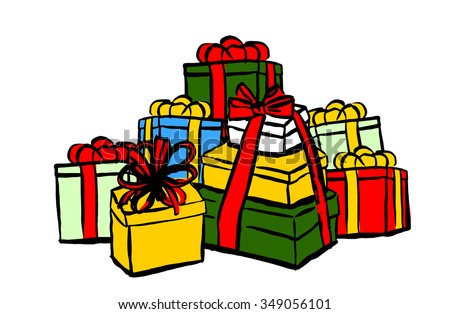 Stack of Christmas gifts. Ink hand drawn sketch isolated n white. Clip art