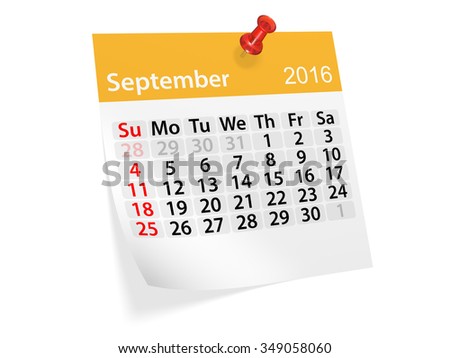 Monthly calendar for September 2016. 3d illustration