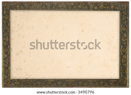 Ancient bronze frame with old paper isolated over white background