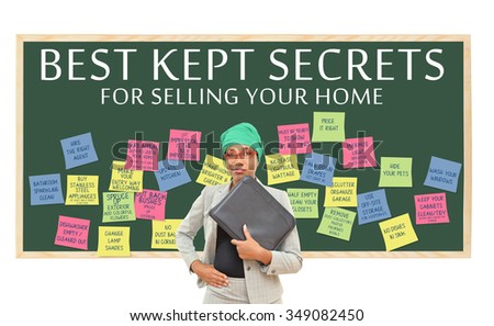 Best Kept Secrets for Selling Your home (Brighten, First Impression, Hide Pets, Closets Tidy and Half Empty) professional woman wearing head wrap holding binder isolated on white background