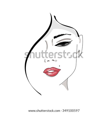 Female face silhouette with red lips. Hand drawing, lettering, fashion, beauty, sketch