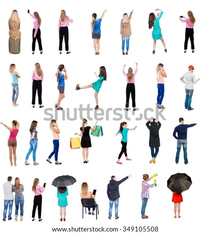 Collection " Back view people ".  Rear view people set.  backside view of person.  Isolated over white background.