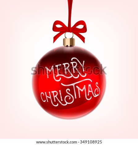 Christmas bauble glossy red with Merry Christmas text, hung on a red ribbon - vector eps 10 illustration.