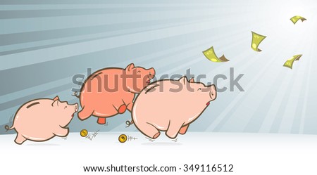 Chasing Savings-Group of Piggy banks racing towards the bigger money