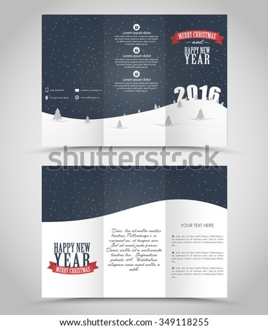 Design Christmas and New Year flyer with a landscape of mountains, night sky and snow with Christmas trees. Vector illustration