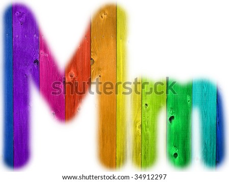 The letter M with a wooden rainbow background