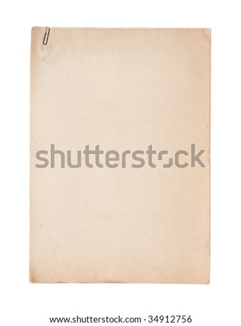several sheets of empty old paper held together with paperclip (isolated on white)