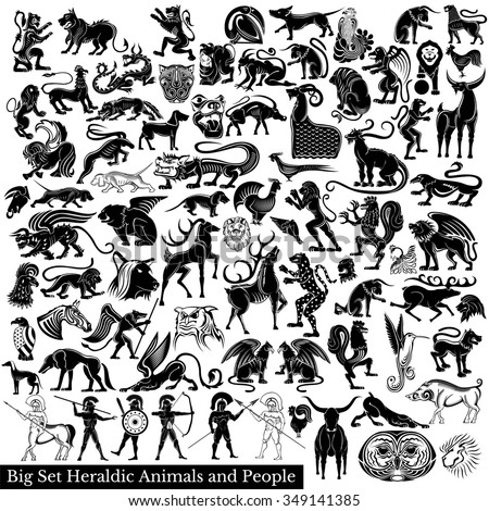 Big set silhouettes of animals birds and warriors. Heraldic elements