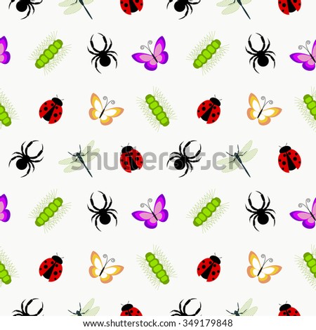 Seamless vector pattern with insects, cute colorful background with spiders, ladybugs, caterpillars and butterflies, over white backdrop