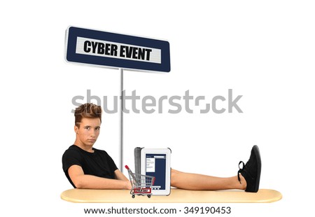 Blue Cyber Event Sale Digital Table Shopping Cart Teenager left up on table 