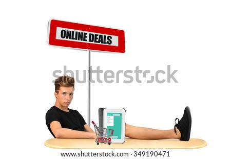 Red Online Deals Super Savers Digital Table Shopping Cart Teenager left up on table 