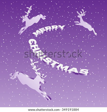 Three reindeers run around decorative 3d text  Merry Christmas. Vector illustration. Isometric view.
