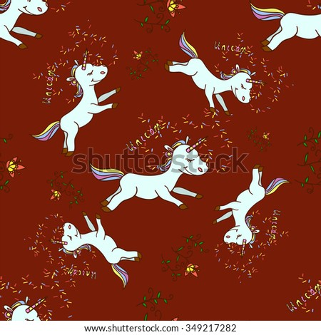 Seamless cartoon baby unicorn pattern with handmade sign unicorn and sparkles for your design