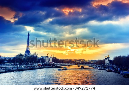 Beautiful sunset over Seine river and Alexandre III bridge. Paris, France. Cityscape background