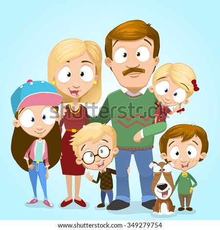 Very adorable big family portrait on blue background, Including even dog