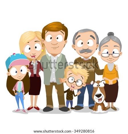 Very adorable big family portrait isolated on white background, Including grandparents and even dog