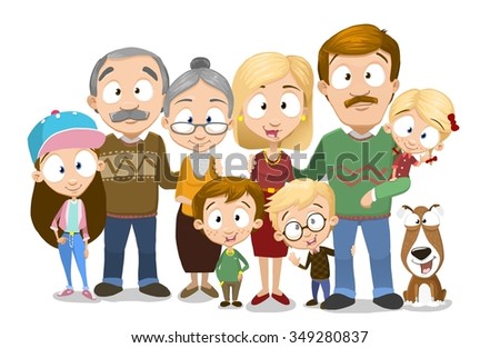 Very adorable big family portrait isolated on white background, Including grandparents and dog
