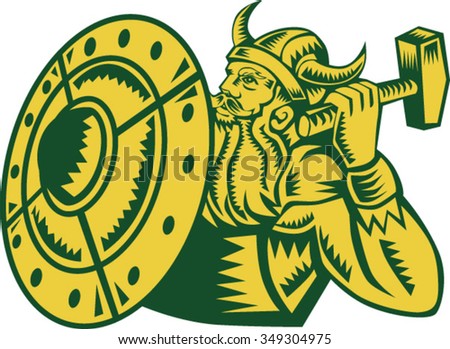 Illustration of a norseman viking warrior raider barbarian wearing horned helmet with beard holding hammer and shield viewed from side set on isolated white background done in retro woodcut style.  Royalty-Free Stock Photo #349304975