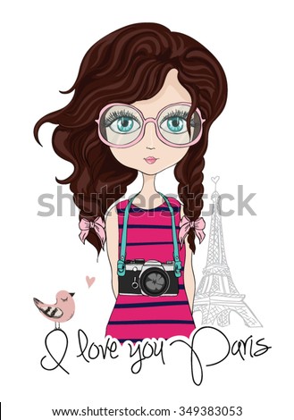The cute girl who takes pictures in front of the Eiffel Tower.Vector cartoon character.I love you Paris slogan.
