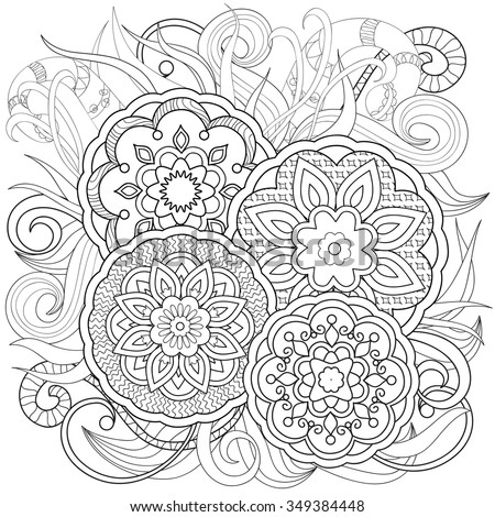 Hand drawn decorated image with flowers and mandalas.   Image for adults coloring page. Vector illustration - eps 10.