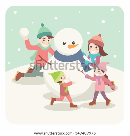 Illustration of Cartoon Family Building a Cute Snowman with Simple Characters. Christmas and New Year Holiday Greeting.