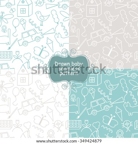 Seamless pattern, drawn in a childlike style. Vector illustration. Set