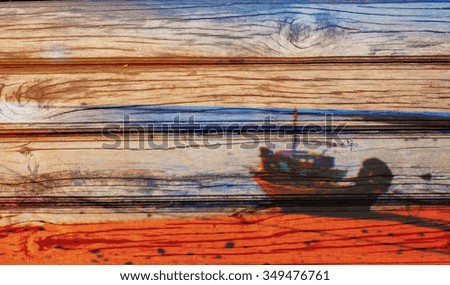  Sea summer on wooden wall texture, vibrant color filter effect,grunge photo style.