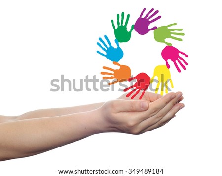 Concept or conceptual circle spiral of colorful hand prints made by children isolated on white background for paint, handprint, symbol, people, identity, together, friendship, play, fun designs