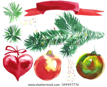 Watercolor Merry Christmas set. Christmas decor with fir tree branch, christmas balls and confetti. This set can be used for graphic design, greeting cards with Christmas and New Year and more. 