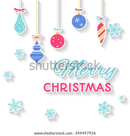 Merry Christmas background with fir, balls, stars, streamer. Flat design.