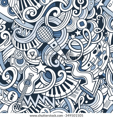 Cartoon hand-drawn doodles on the subject of music style theme seamless pattern. Vector line art background