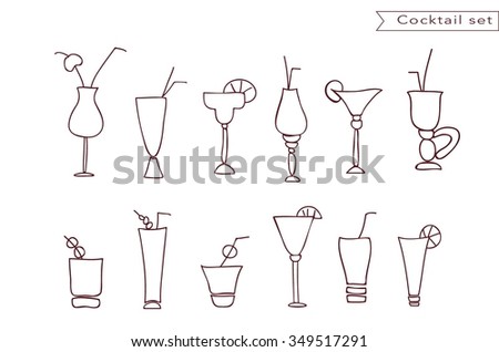 Cocktail and juice glasses line vector icon set. Glasses with straw and umbrella. Wine or vine, vodka, beer  beverages glasses and cups. Different drinks stemware collection.Linear glassware set.