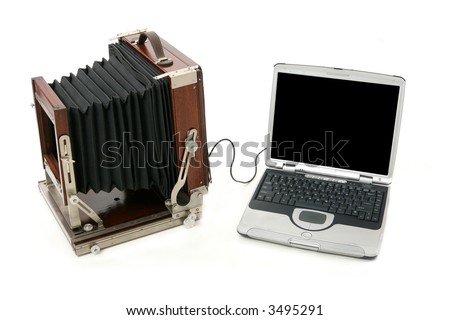 8x10 camera "tethered" to a laptop with a blank screen for adding text or an image.