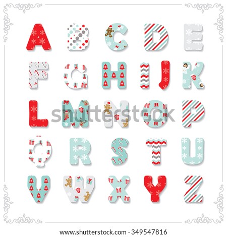 Christmas font. Different patterns included under clipping mask.