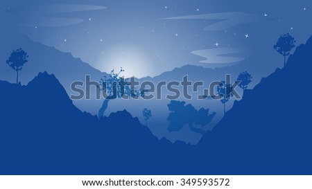 Vector landscape with silhouettes of blue mountains hill with mist, fog, and forest sunrise and sunset in mountains. Nature concept beautiful outdoor background abstract. For a poster, banner, website