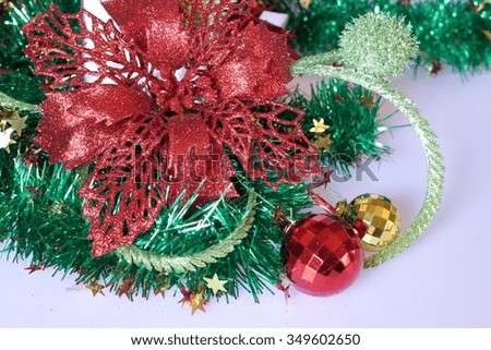 Christmas gift, decor and fir tree branch.