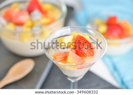 Pudding fruit salad , fruit salad topping on tofu