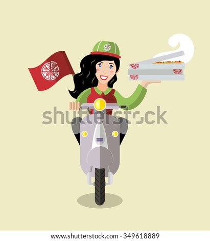 Beautiful brunette food-delivery girl on a scooter with boxes of pizza, flat design