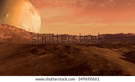 Red planet with arid landscape, rocky hills and mountains, and a giant Mars-like moon at the horizon, for space exploration and science fiction backgrounds. Elements of this image furnished by NASA.