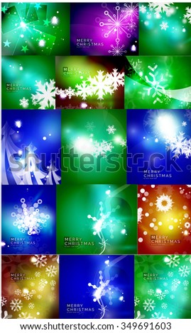 Set of shiny color Christmas backgrounds with white snowflakes and trees. Vector illustration